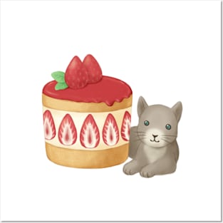 Cute Cat and Dessert Illustration Posters and Art